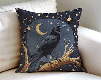 Woven Raven Pillow: Mystical Crow & Moon Design - 17x18 Double