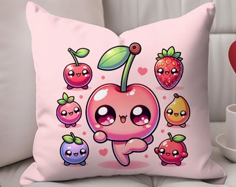 Dancing Fruit Pillow, Food Pillow, Kawaii Dancing Cherry Pillow, Cute Dancing Fruit Pillow, Cozy Faux Suede Square Pillow