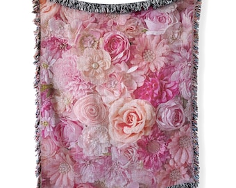 Rosa Floral Webdecke: 100% Baumwolle Fransen Gobelin
