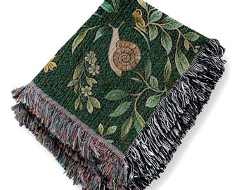 Snail Forest Woven Blanket: Cottagecore Cotton Tapestry