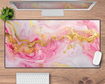 Pink Marble Desk Mat: Gold Accents, Chic Office Decor