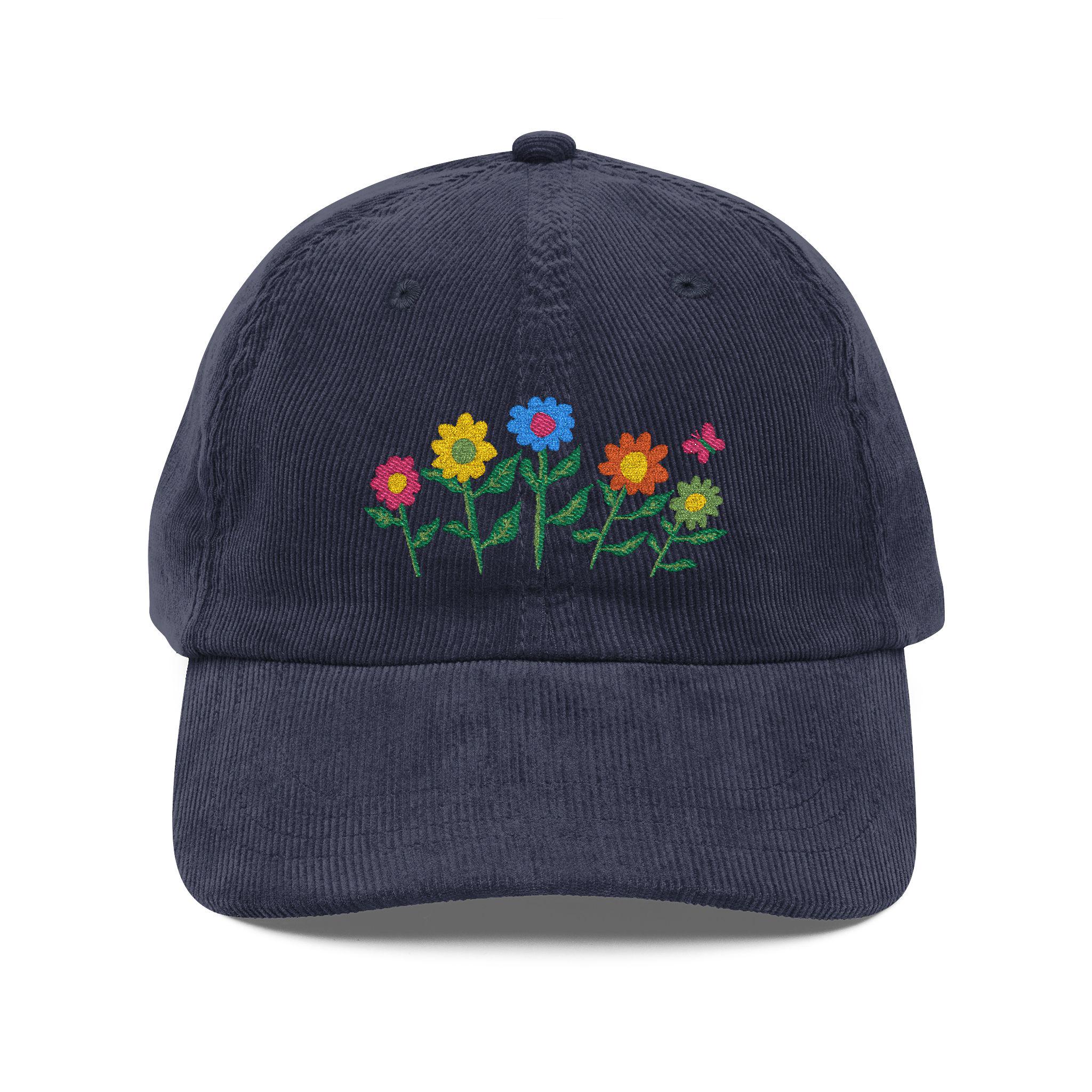 Corduroy Floral Embroidered Hat in Navy Blue - Women