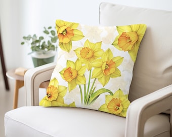 Daffodil Pillow - Fine Quality Accent Cushion, Bright and Happy Yellow Botanical Decor