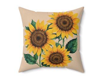 Beige Sunflower Pillow: Soft Faux Suede Square Throw Pillow