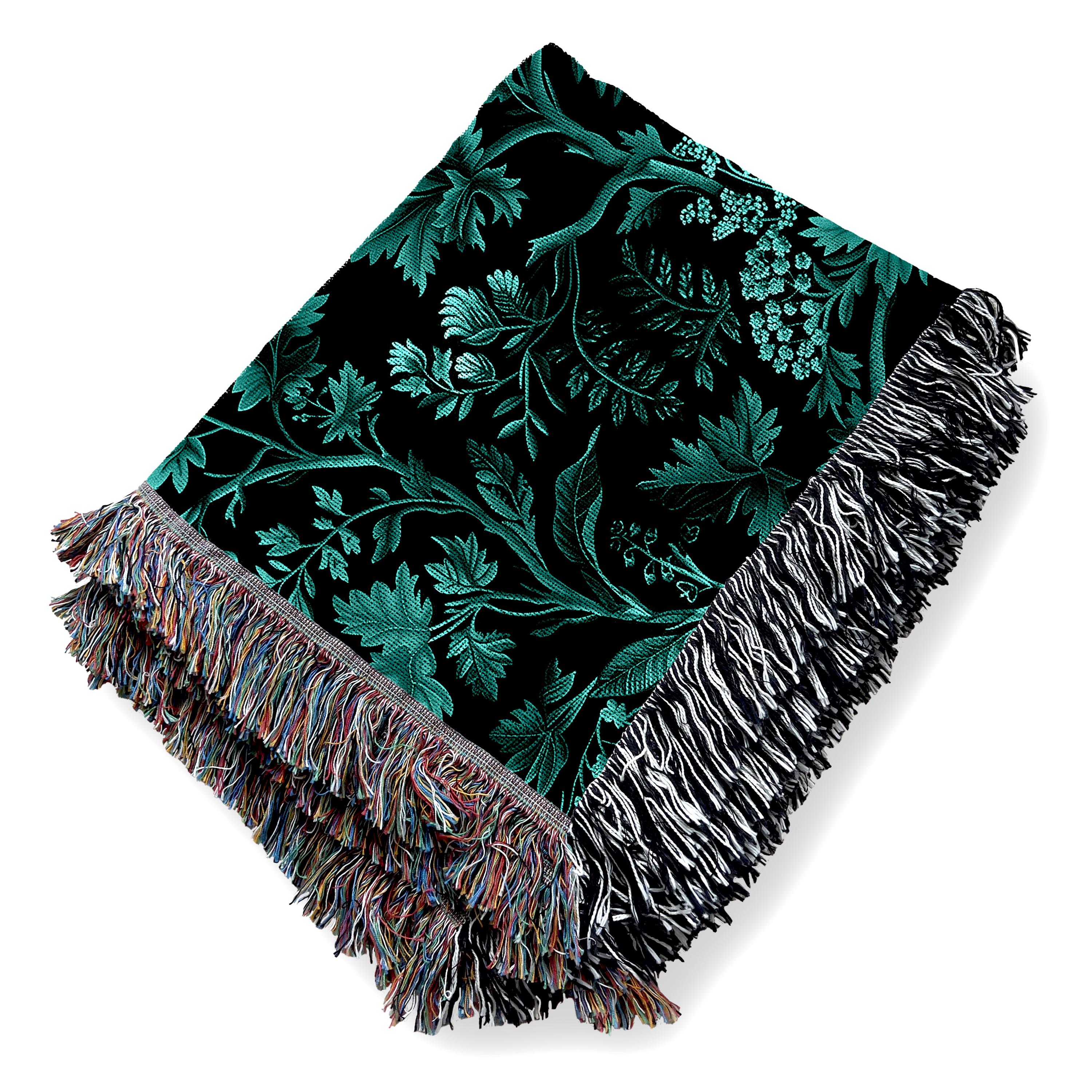 Teal Forest Woven Blanket: Cotton Leaf Tapestry, Fringed Throw