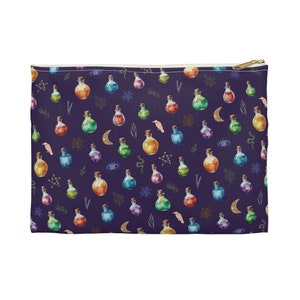 May include: A purple zippered pouch with a repeating pattern of colorful potion bottles, stars, moons, and other magical symbols.