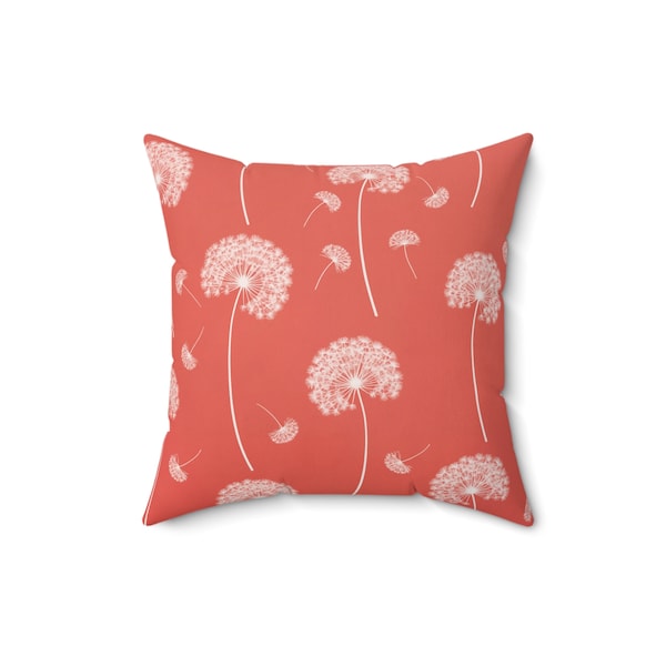 Dandelion Pillow, Coral Dandelion Pattern Pillow, Soft Faux Suede Square Pillow
