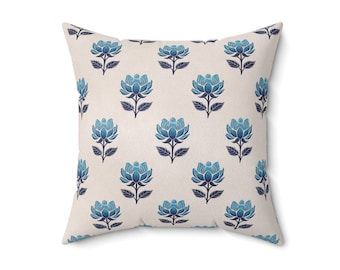Blue Floral Block Print Pillow: Faux Suede Designer Pillow
