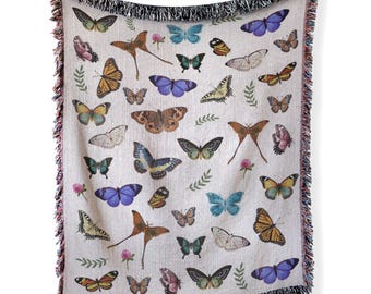 Woven Butterfly Blanket: 100% Cotton Tapestry with Fringed Edges