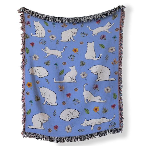 Cat Woven Blanket: Blue Cotton Throw, Fringed Edges - Etsy