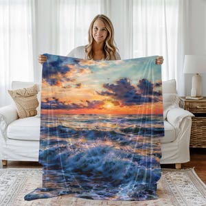 Sunset Ocean Waves Plush Blanket: Beach House Decor — Cozy Polyester Fleece