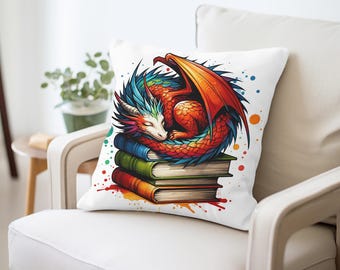 Dragon Pillow - Library Accent Cushion Fine Quality, Book Lover Home Decor, Soft Throw Pillow