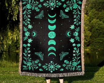 Lunar Phase Woven Blanket: Teal Luna Moth, Celestial Cotton Throw