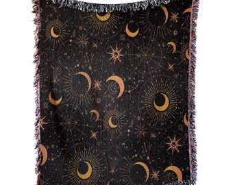 Celestial Woven Cotton Blanket: Black and Gold Starry Tarot Throw (No AI)