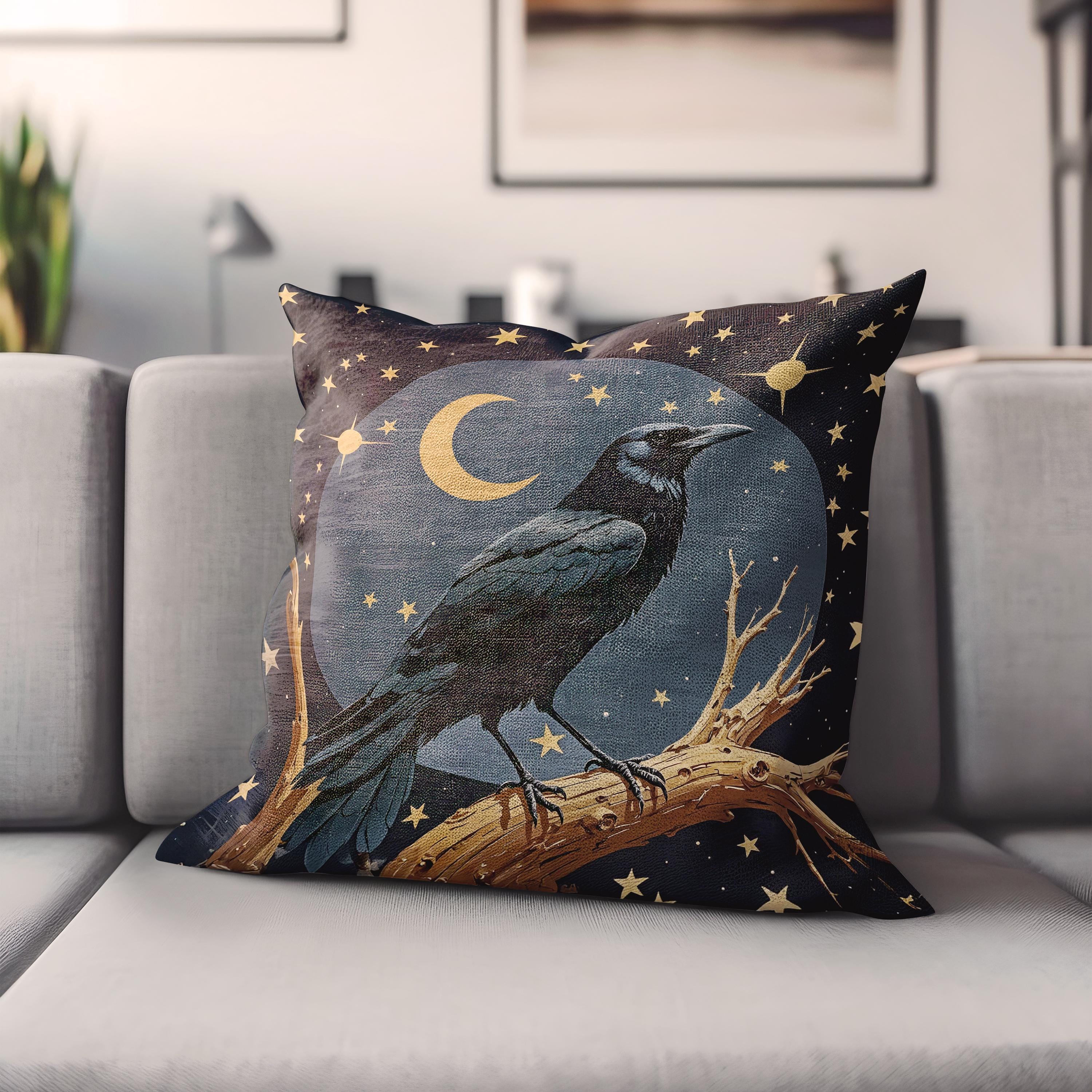 Woven Raven Pillow: Mystical Crow & Moon Design - 17x18  Pottery Barn Rare Halloween October 31st Crow Raven 20” x 20” Throw Pillow main image 0