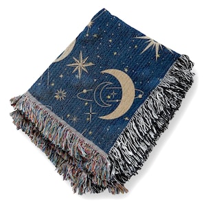 Manta tejida celestial: tapiz de algodón con flecos y luna y estrellas
