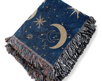 Celestial Woven Blanket: Moon & Stars Cotton Tapestry, Fringed Throw