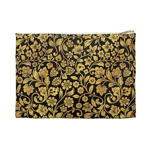 Art Deco Gold & Black Floral Accessory Pouch: Tarot, Makeup, or Travel