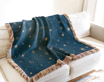 星柄織りブランケット：フリンジ付き天体柄コットンタペストリー（AI
