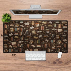 May include: A brown desk mat featuring a pattern of books and floral designs. The mat is 80 cm long and 39 cm wide. A white keyboard and mouse are on the mat, with a computer monitor above.