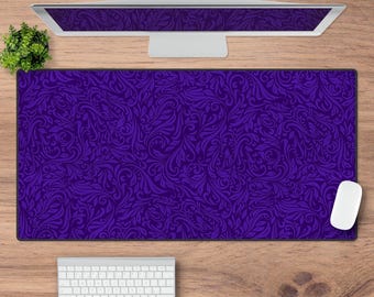 Elegant Gothic Purple Desk Mat: Tooled Leather Pattern, Non-Slip Base