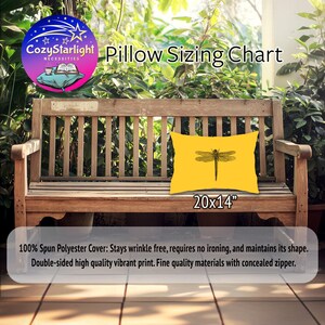 May include: A rectangular yellow pillow featuring a black dragonfly illustration, labeled 20x14 inches. The text reads Pillow Sizing Chart, CozyStarlight Necessities, and 100% Spun Polyester Cover: Stays wrinkle free, requires no ironing, and maintains its shape. Double-sided high quality vibrant print. Fine quality materials with concealed zipper.