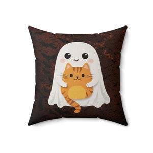 Bonita almohada de fantasma, bonita almohada de fantasma con gato atigrado, decoración de Halloween, almohada cuadrada de gamuza sintética suave, almohada de Halloween