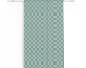 Cortina transparente con estampado de cuadros en tonos verde azulado y menta, panel de cortina con estampado de cuadros.
