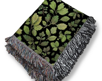 Manta tejida con diseño de hojas de bosque: tapiz de algodón verde oscuro con flecos, manta acogedora con estampado de bosque.