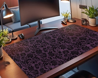 XL Gothic Desk Mat: Black Floral on Deep Purple (18x36&quot;)