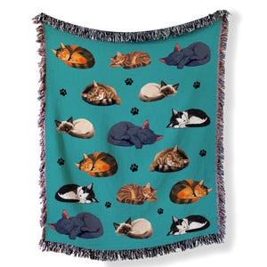 Couverture tissée chat coloré bleu sarcelle, couverture chats endormis en bleu sarcelle, jeté douillet 100 % coton, bords frangés, décoration d'intérieur douillette, couverture pour chambre de bébé chat