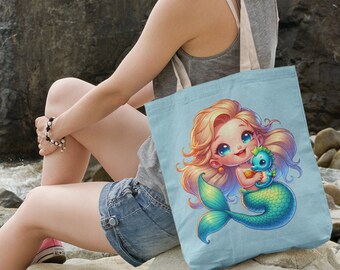 Baby Mermaid & Seahorse Polyester Tote Bag – Ocean Lover Gift