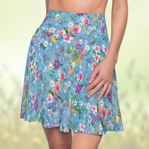 Blue Floral Skater Skirt: Lightweight Elastic Waist Summer Skirt
