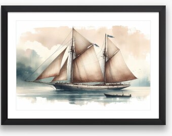 Vintage Nautical Decor,Muted Sailboat Art,Digital Download Print,Antique Watercolor Print,Home Decor Printable,Retro Maritime Print x4 Sizes