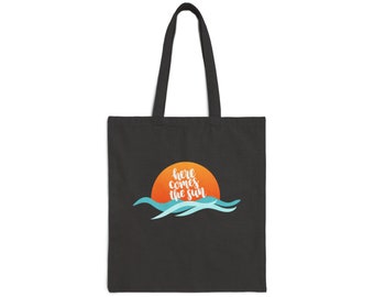 Here Comes the Sun - Feel Good Vibes Cotton Canvas Tote - Durable 15"x16" Bag with 20" Handles, Eco-Friendly Shopping and Daily Use