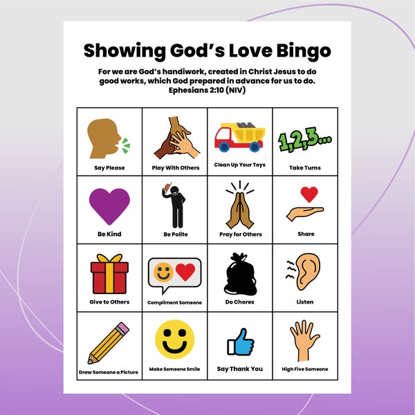 Bingo Cards - Showing God's Love - Sunday School Activity - Kids Church Activity - Digital Download - Printable