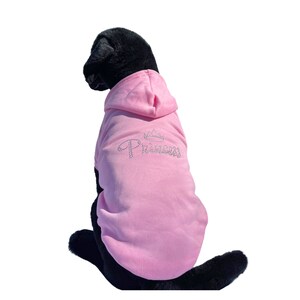 May include: A pink dog hoodie with a rhinestone crown and the word "Princess" on the back.