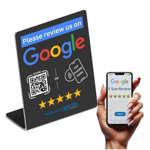 Podstawka dotykowa Google NFC i kod QR – dotknij lub zeskanuj – programowalna za pomocą linku do strony z recenzjami Google, aktualizuj link w dowolnym momencie, bezpłatna analiza, CZARNY