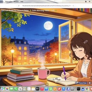 May include: An anime-style digital illustration showing a person writing in a notebook at a desk by an open window at night. A stack of books, a steaming pink mug, and a blue Focus Flow timer interface are visible on the desk with a city view.