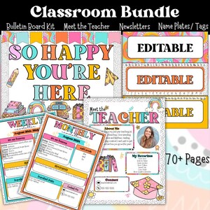 May include: A classroom bundle with a colorful theme featuring a bulletin board kit, meet the teacher, newsletters, and name plates. The bulletin board kit features a bright pink, yellow, and blue sign that says "So Happy You're Here". The meet the teacher page includes a photo of the teacher, a section for "About Me", "My Favorites", and "Contact". The newsletters are editable and include a weekly and monthly newsletter template. The name plates are editable and feature a rainbow design.