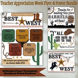 Teacher Staff Appreciation Week Theme Flyer Posters Western Theme Bundle, PTA PTO Event Flyer, Cowboy Inspired Appreciation Themes Ideas