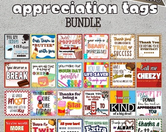 Snack and Candy treat tags for employee, teacher, nurse appreciation. 25 designs.