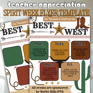 Teacher And Staff Appreciation Week Theme Flyer, Editable Canva Template PTA PTO Event Flyer, Best in the West Inspired Themes Ideas