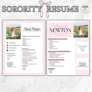 Op de afbeelding: Een roze en witte sorority cv-sjabloon. Het cv bevat secties voor gemeenschapsbetrokkenheid, onderscheidingen, prestaties, clubs en hobby's. De tekst "SORORITY RESUME" staat bovenaan.