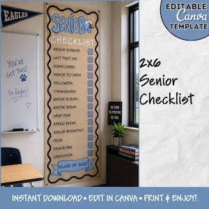 Puede incluir: Una pancarta de lista de verificación para estudiantes de último año de 2x6 pies con fondo color canela claro y borde negro festoneado. El texto dice Senior Checklist con una lista de eventos como Senior Sunrise, Homecoming y Graduation.