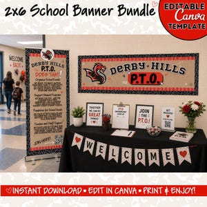May include: A 2x6 school banner bundle editable Canva template featuring a vertical banner and a horizontal banner for Derby Hills P.T.O. with a dragon mascot, black and red accents, a welcome bunting, and informational signs on a black table.
