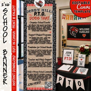 May include: A 2x6 foot vertical banner template for the Derby Hills P.T.O. featuring a black and white speckled border, a red dragon mascot logo, and text detailing school event organisation, student programmes, fundraising, and staff support.