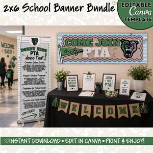 Bewerkbare Canva PTO/PTA-bannerbundel, Wat we doen, verticaal en horizontaal, Open dag, Terug naar school printen bij Walgreens, 2x6, direct te downloaden