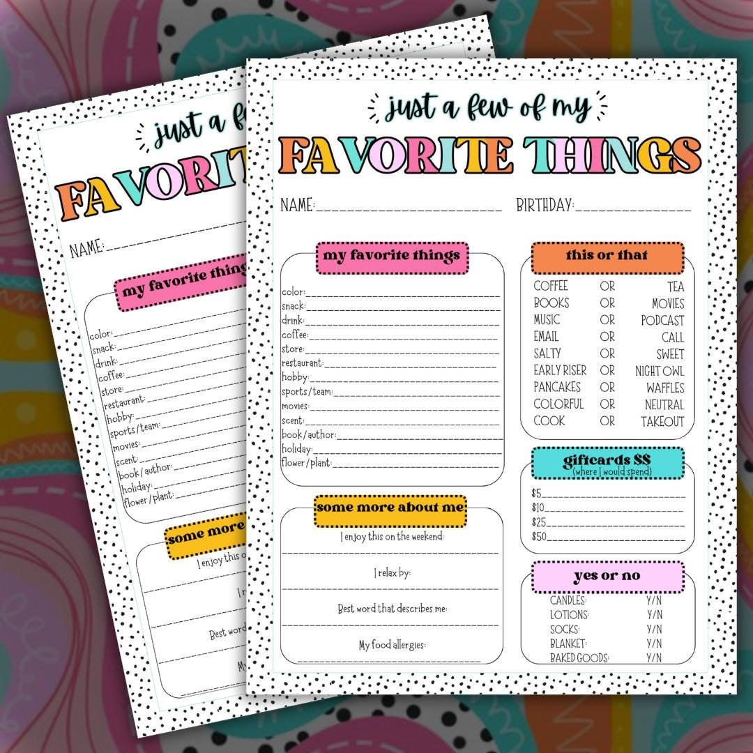 Funky Themed My Favorite Things Survey Questionnaire Employee