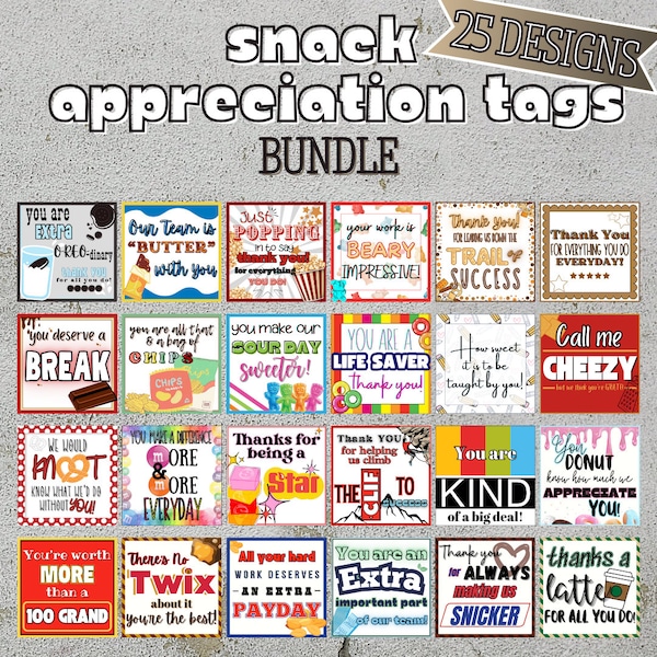 Snack and Candy treat tags for employee, teacher, nurse appreciation. 25 designs.